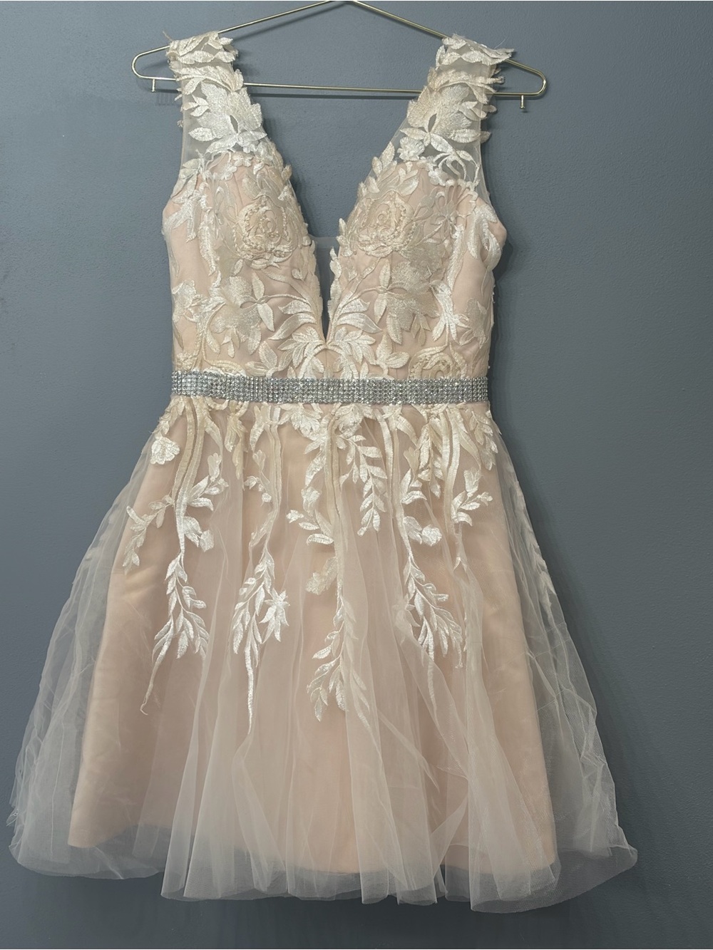 JJs House Blush & Ivory Embroidered Tulle V-Neck Party Dress